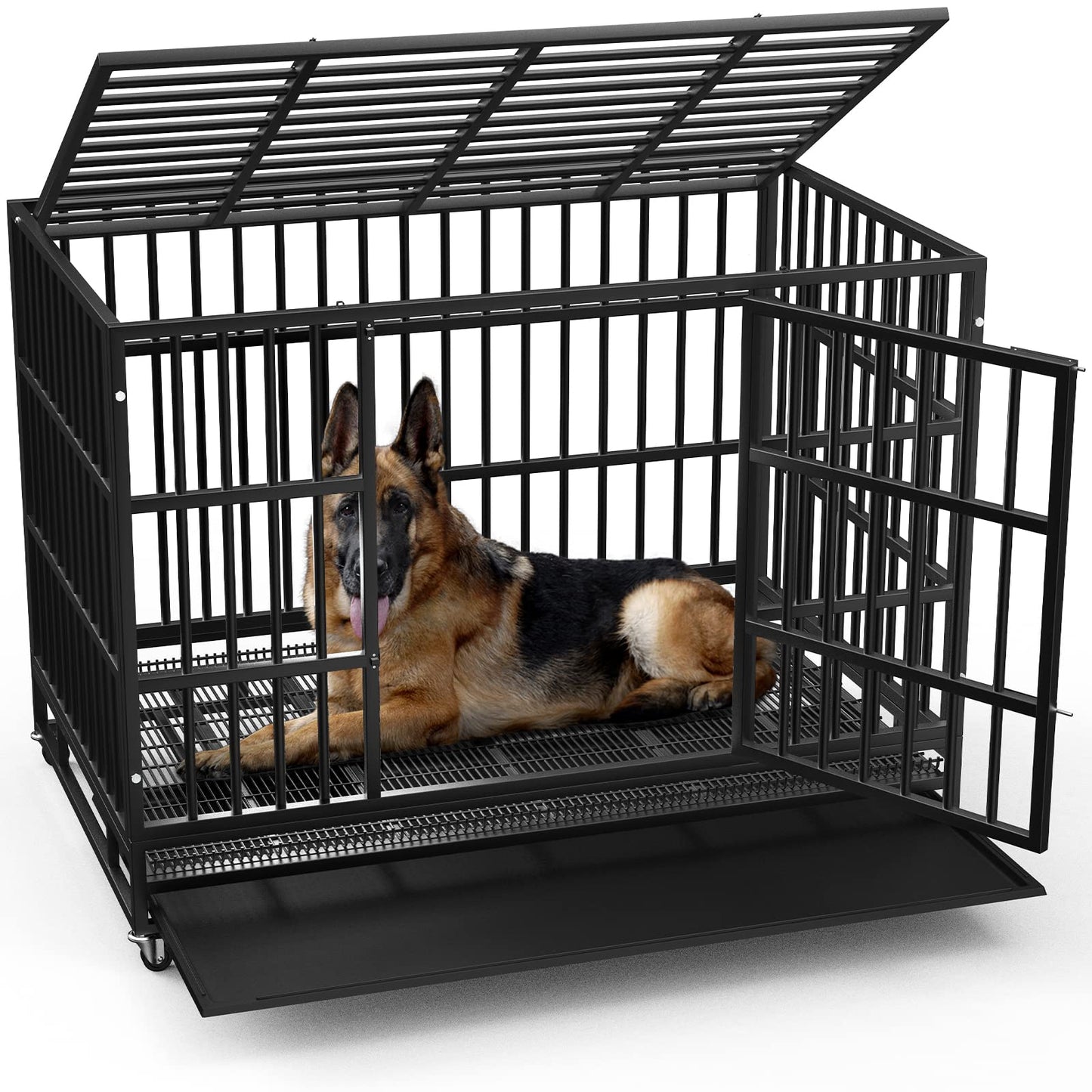 Escape Proof Dog Cage Kennel with Lockable Wheels with Removable Tray