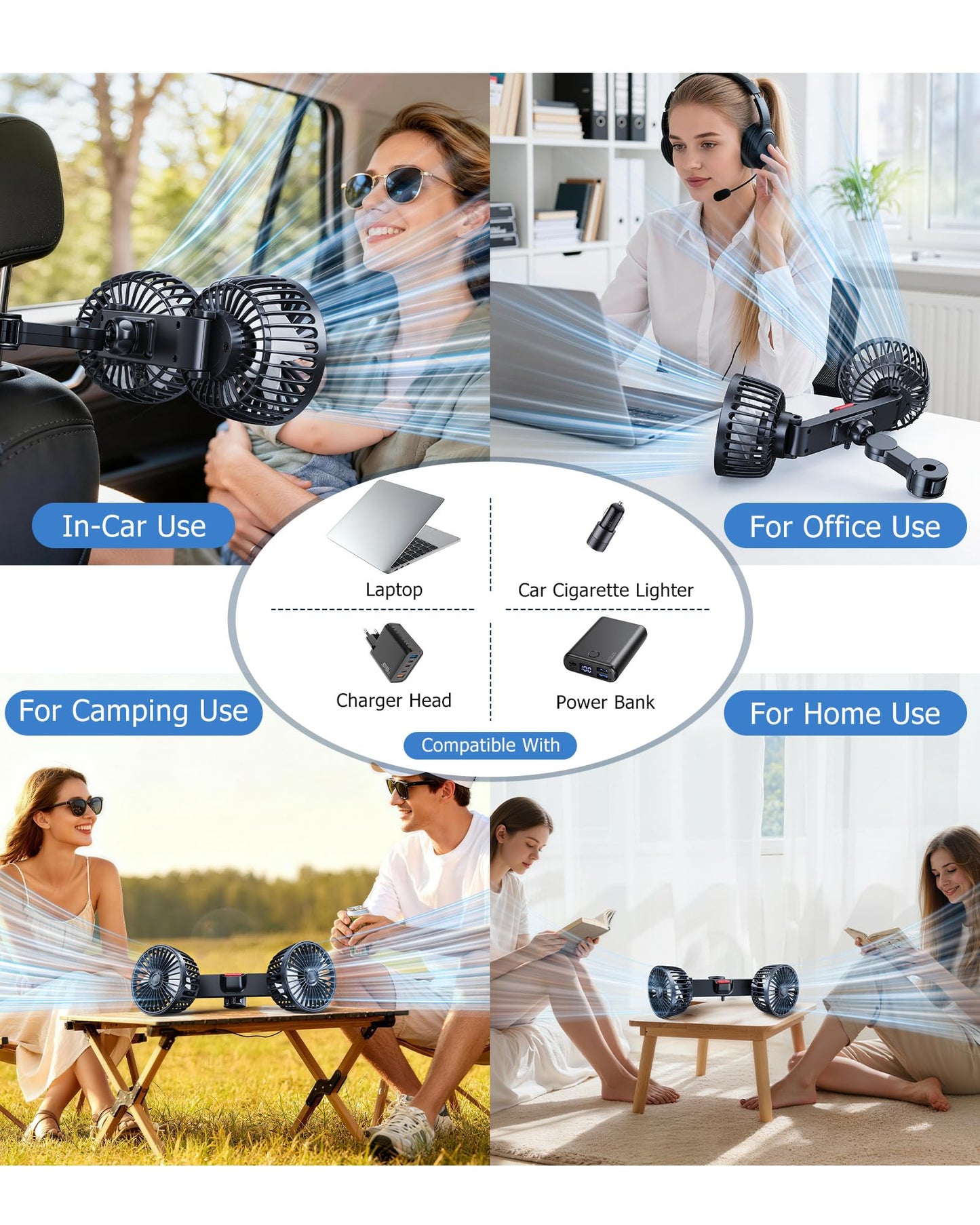 Dual-Head Car Fan for Back Seats, 360° Rotation, USB Powered