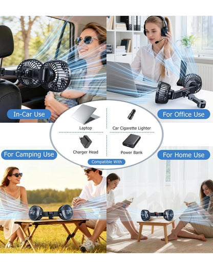 Dual-Head Car Fan for Back Seats, 360° Rotation, USB Powered