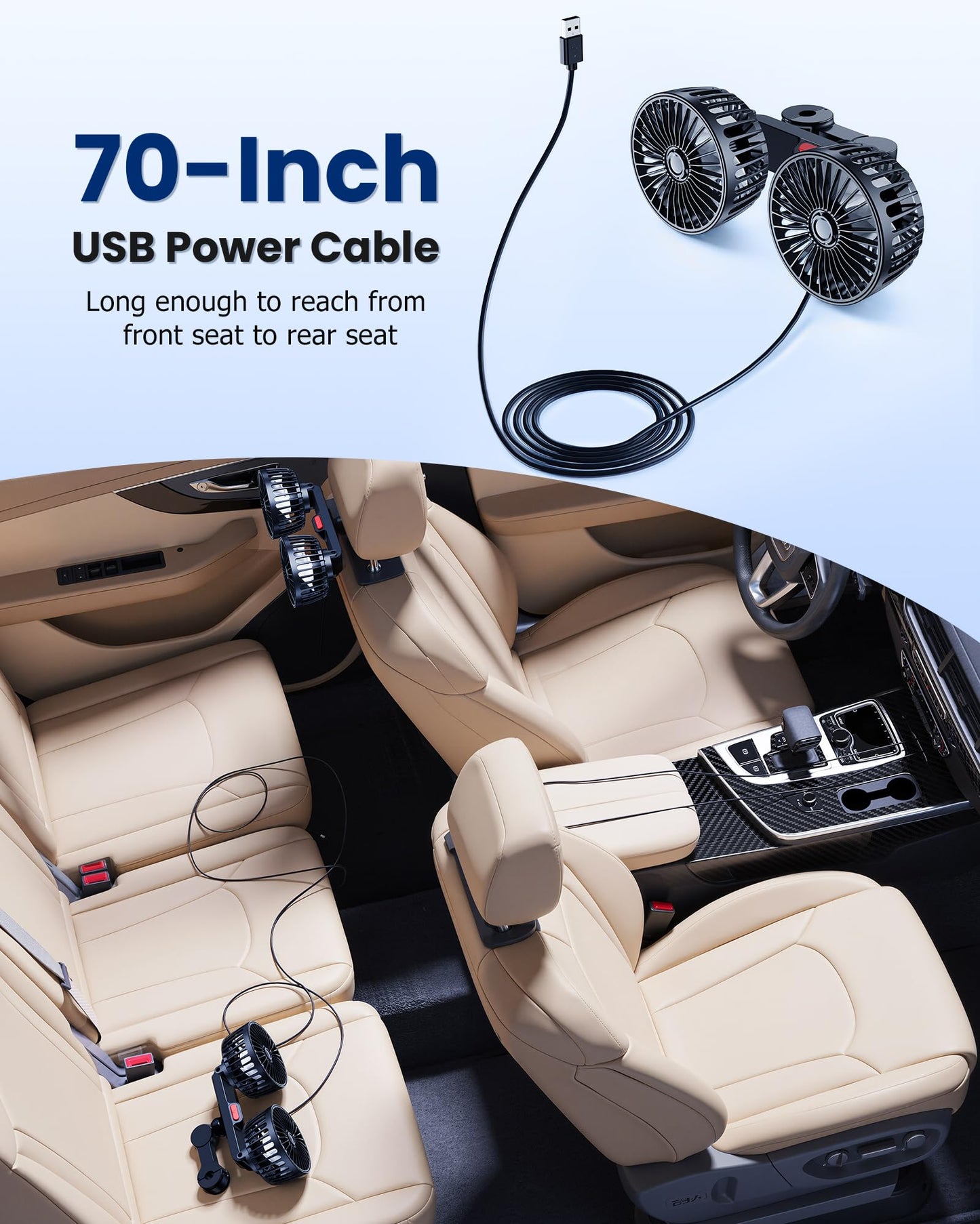 Dual-Head Car Fan for Back Seats, 360° Rotation, USB Powered