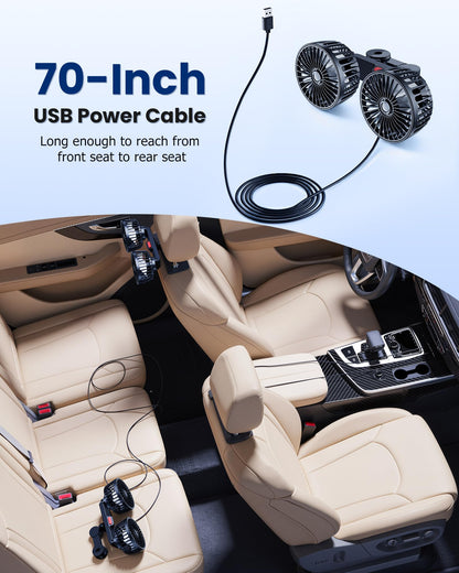 Dual-Head Car Fan for Back Seats, 360° Rotation, USB Powered