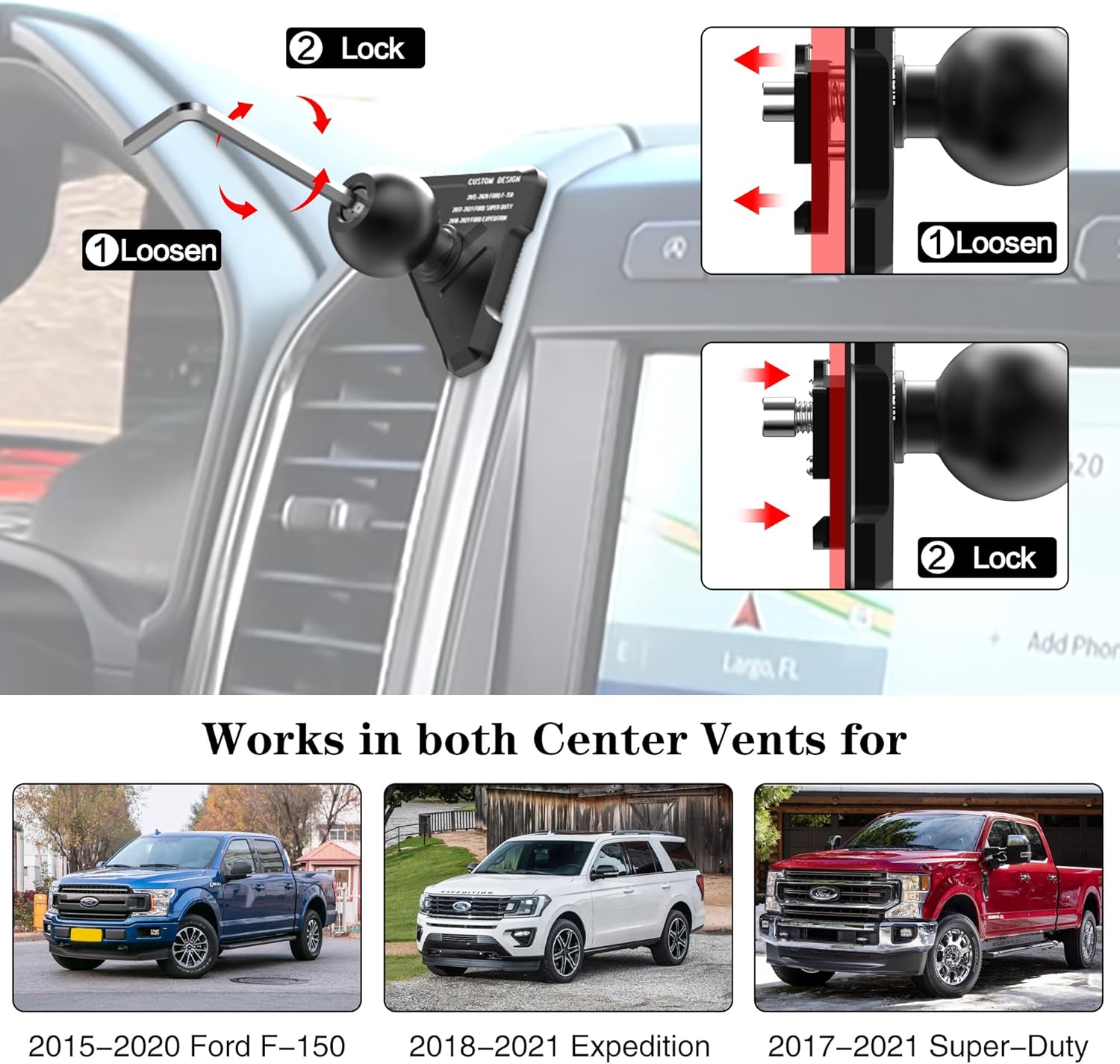 EASEORD Phone Mount Compatible with Ford F-150 2015-2020, Expedition 2018-2021, Super Duty 2017-2021, 360 Rotation Aluminum F150 Vent Cell Phone Holder for All Phone iPhone Android Smartphone