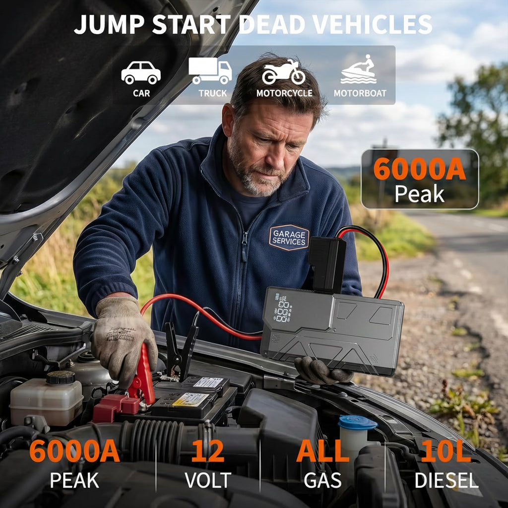 6000A Jump Starter with 150PSI Air Compressor - 80.66Wh for All Gas/10.0L Diesel, LED/Cables