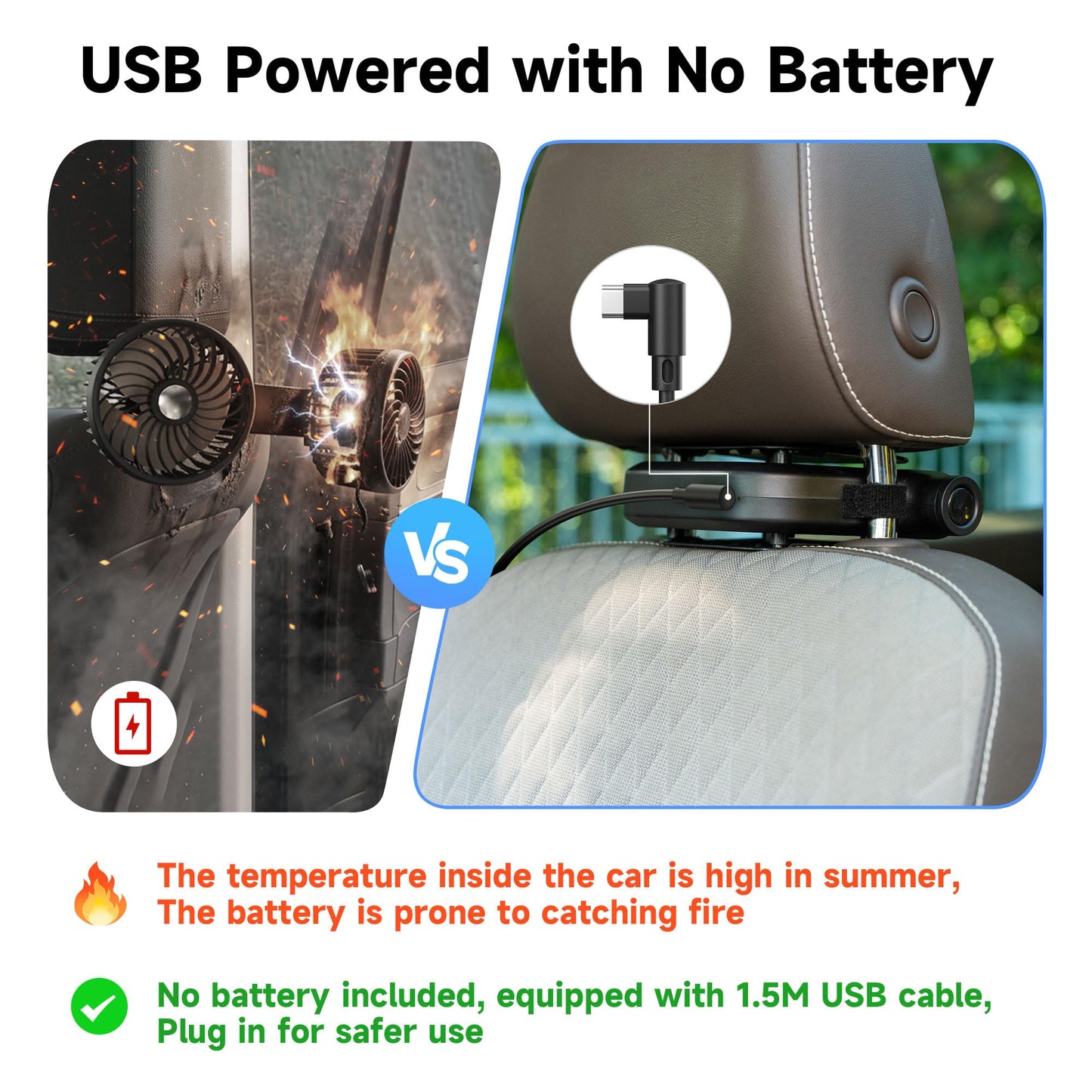 Backseat Car Fan, USB Headrest Cooling for Kids