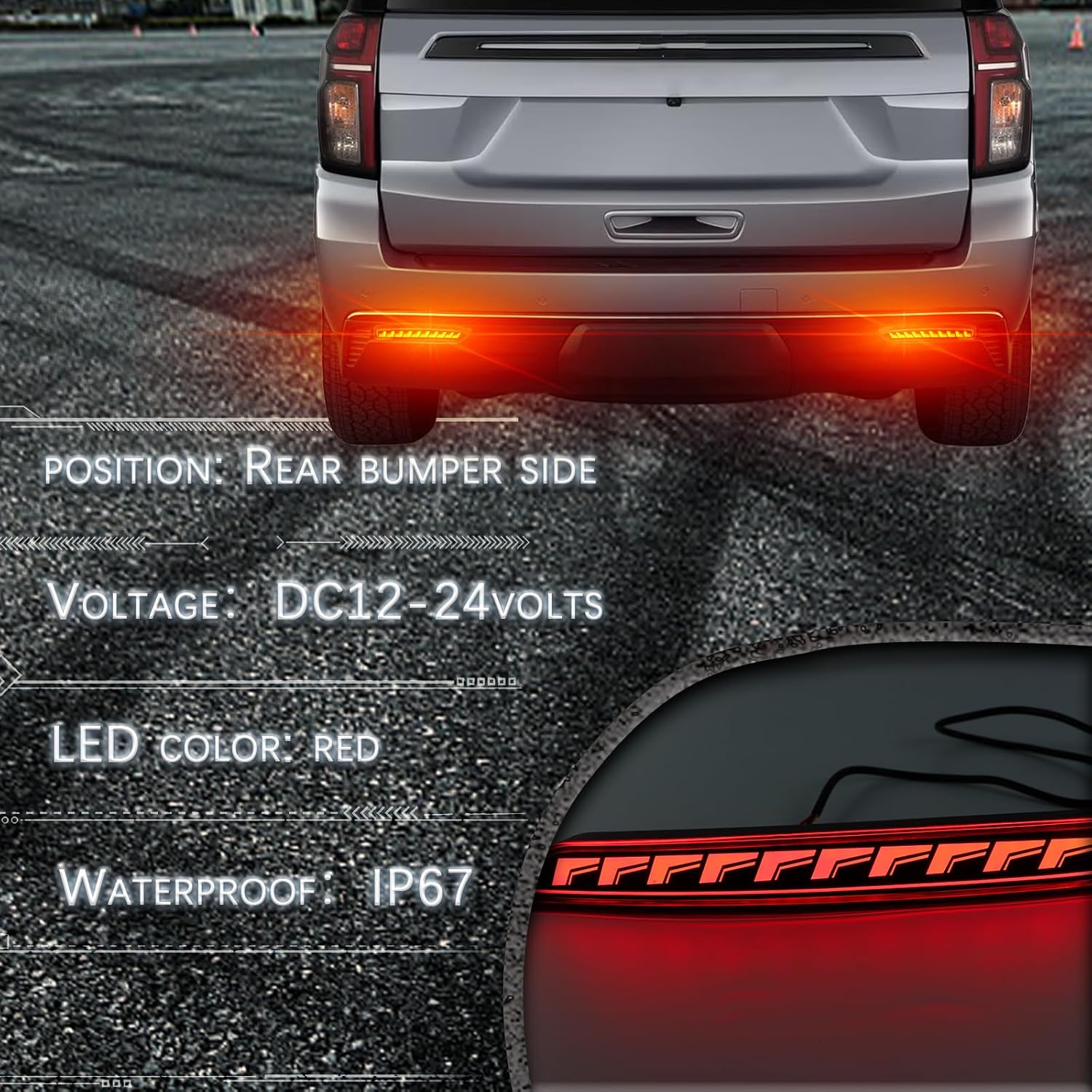 Red Lens Rear Fog Bumper Reflector Brake Tail Sequential Flash Signal LED Lights Lamp Compatible with Chevrolet Chevy Suburban Tahoe GMC Yukon/Denali 2021-2024 Accessories (SMOKED)