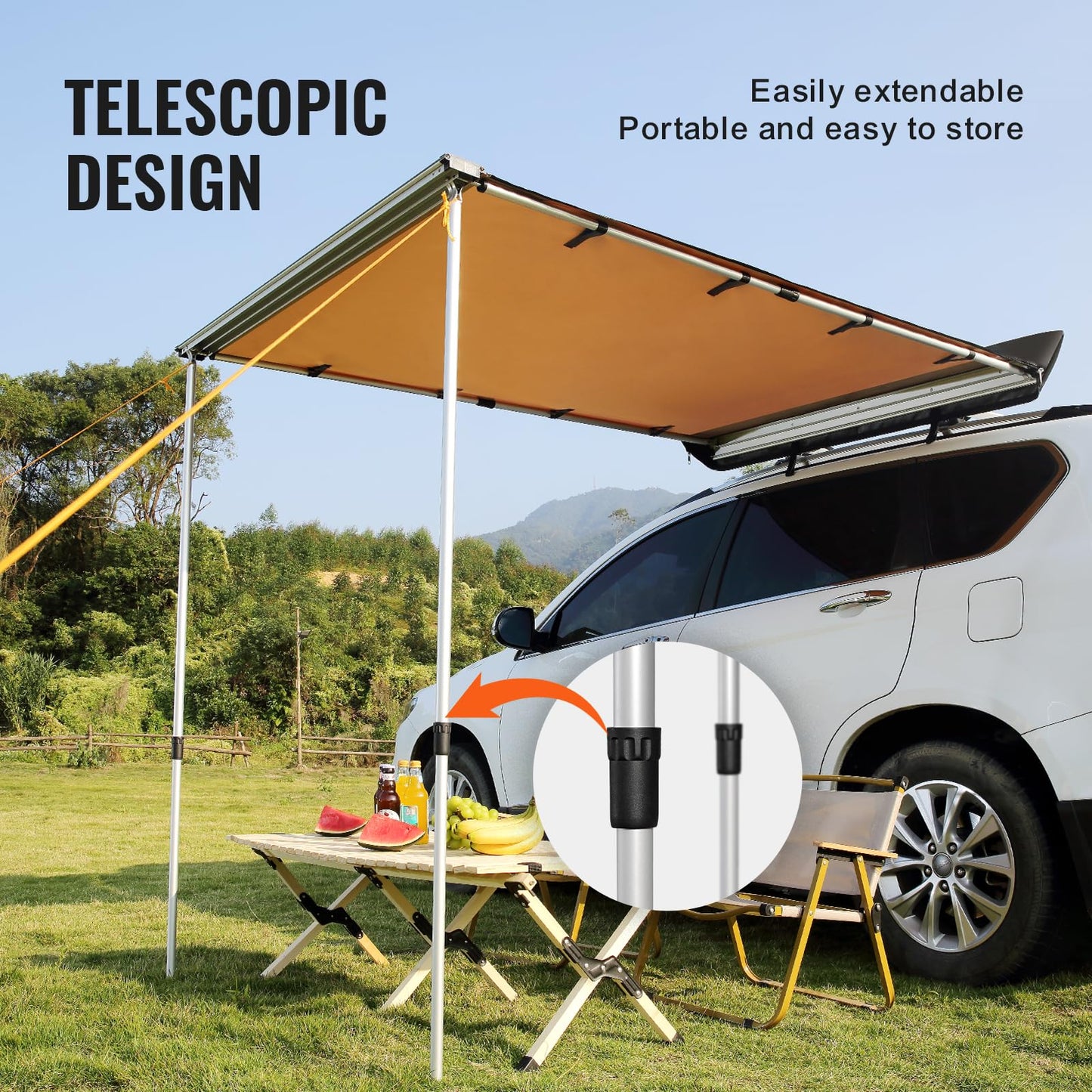 .6' x 6.6' Retractable Vehicle Awning - UV50+, PU3000mm Waterproof for SUV Camping
