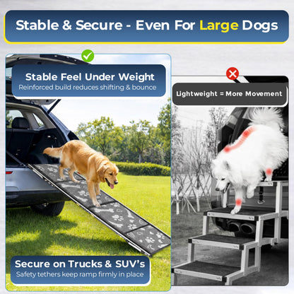 71"x20" Quad-Fold Dog Ramp - 250 lb Capacity, Non-Slip, Side-Strap Stability for Large Dogs