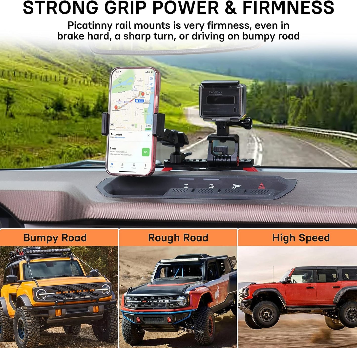 Bronco Phone Holder Mount with Picatinny Rail with Locking Action Camera 2021-2023