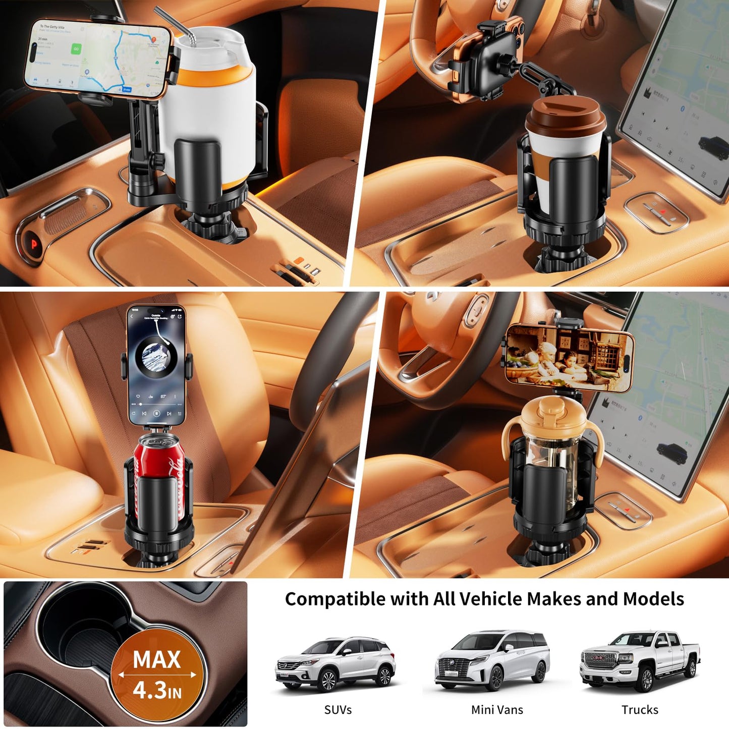 2-in-1 Cup Holder Phone Mount with Expander - Adjustable Arm/360° Rotation for 4-7" Phones & 5.31" Bottles