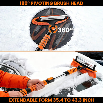 43" 3-in-1 Extendable Snow Brush - 180° Pivot, Squeegee & Ice Scraper (Black/Orange)