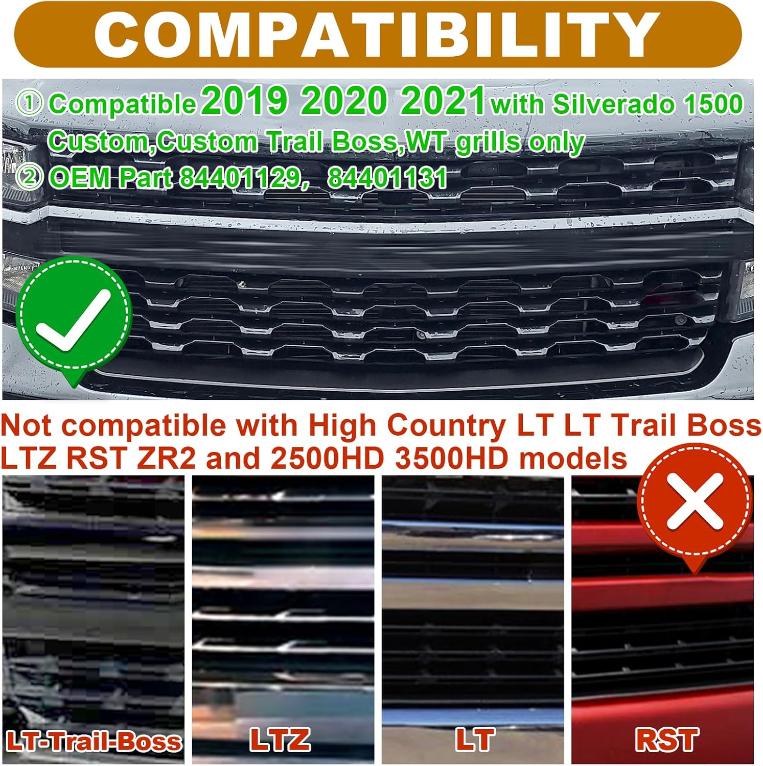 LED Grill Lights for 2019-2021 Chevy Silverado 1500 Grille Racing Lights Fits Custom Trail Boss WT Models Only,No Drill Installation,Silverado Accessories (Amber Style, 5)