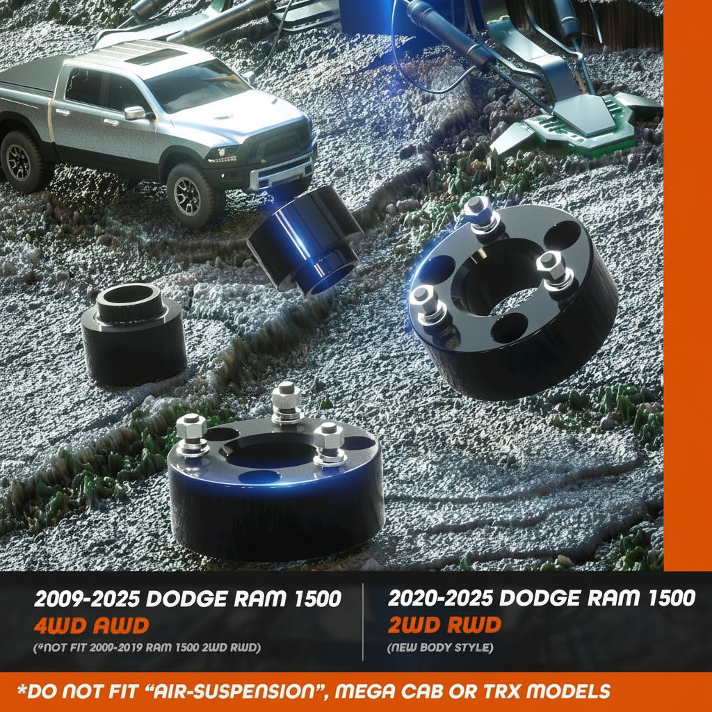 dynofit Leveling Lift Kit 3" Front + 2" Rear for Dodge Ram 1500 4WD/AWD (2009-2025), Coil Spring Strut Spacers & Rear Lift Blocks for 2020+ Ram 1500 2WD/RWD Pickup