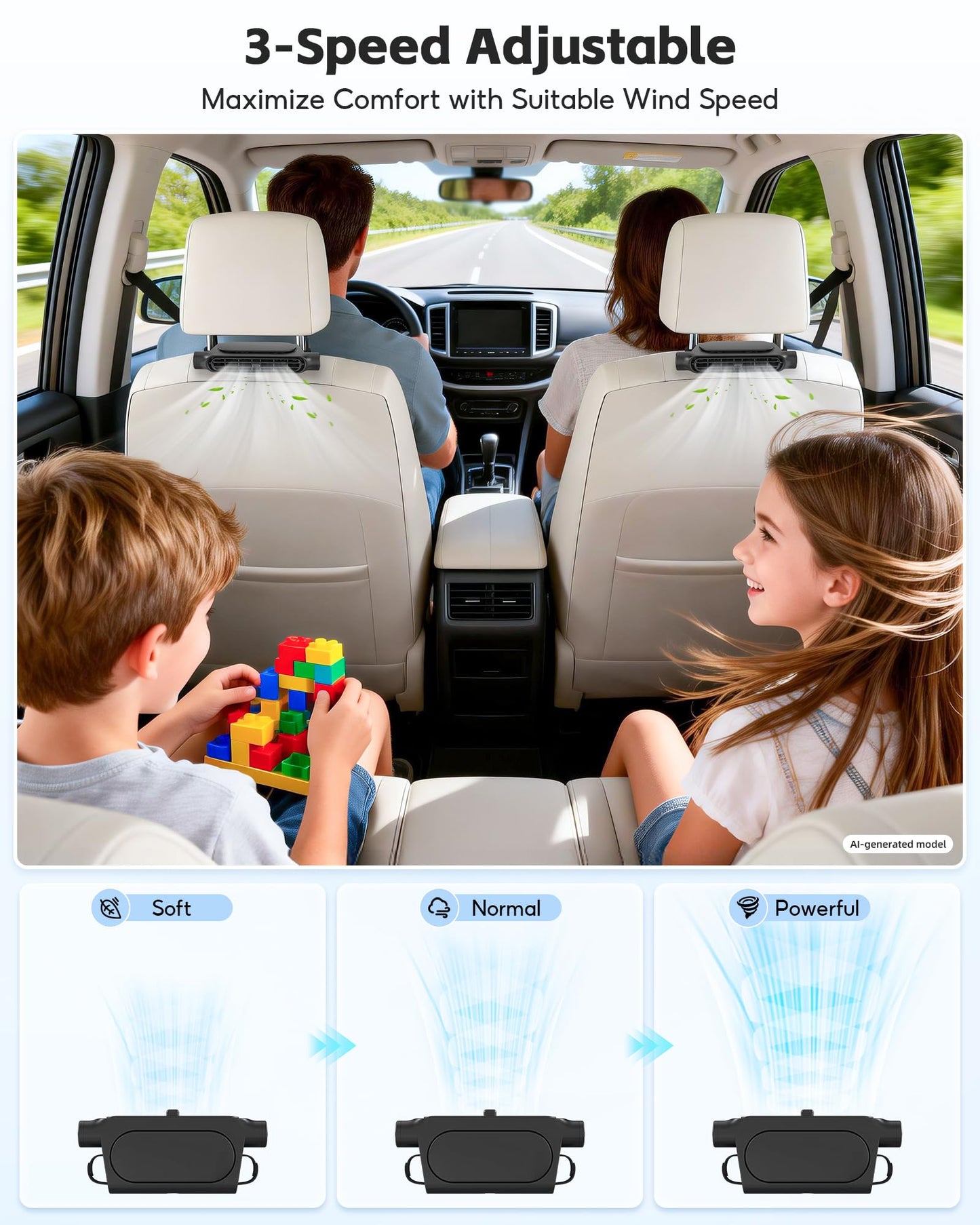 USB Car Seat Cooling Fan for Front & Backseat, Bladeless, 3-Speed