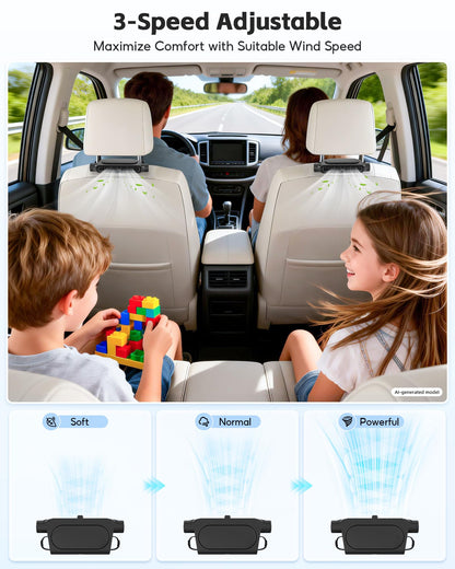 USB Car Seat Cooling Fan for Front & Backseat, Bladeless, 3-Speed