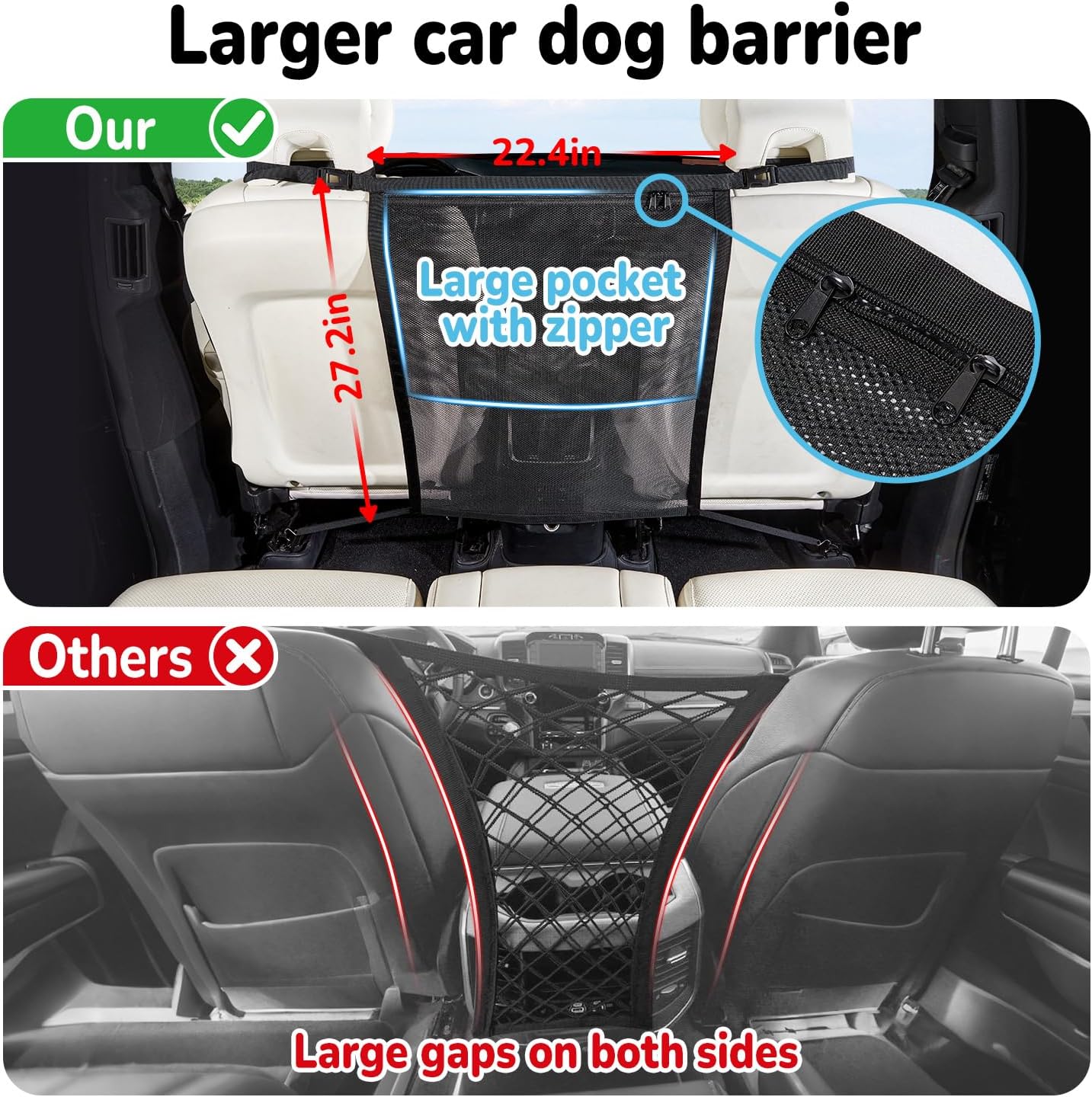 Pet Barrier with Large Zipper Storage - Car/SUV/Truck Divider Net for Dogs
