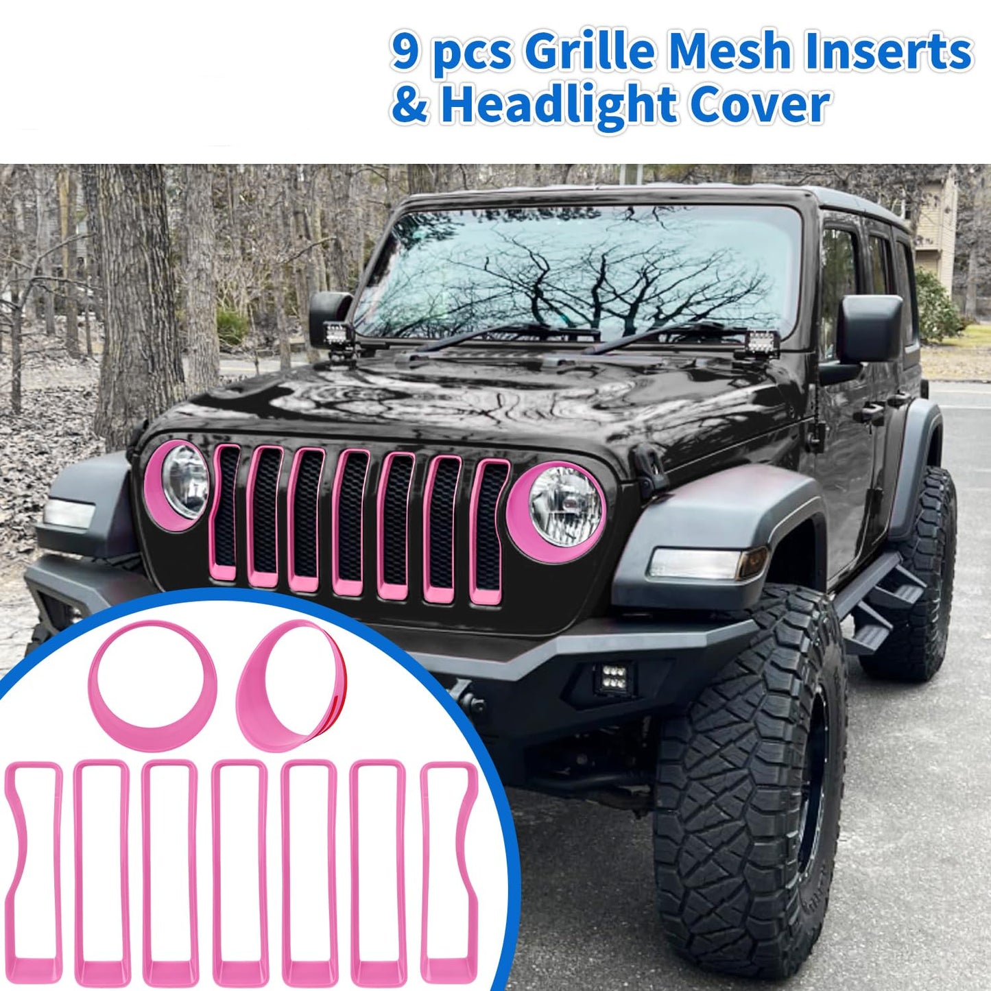 Pink Grille & Headlight Trim Set (9 PCS) for Jeep Wrangler JL 2018-2023