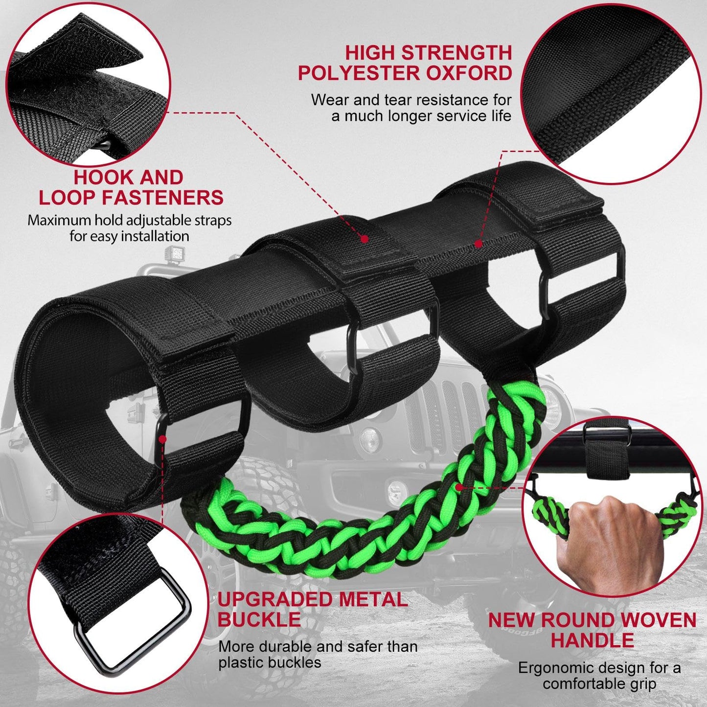 Upgraded Roll Bar Grab Handles for Jeep Wrangler & Gladiator (1955-2023, Green)