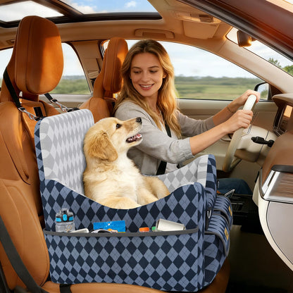 Memory Foam Dog Booster Seat - 4-Pocket Storage, Detachable Washable, Holds up to 35lbs (Blue/Grey)