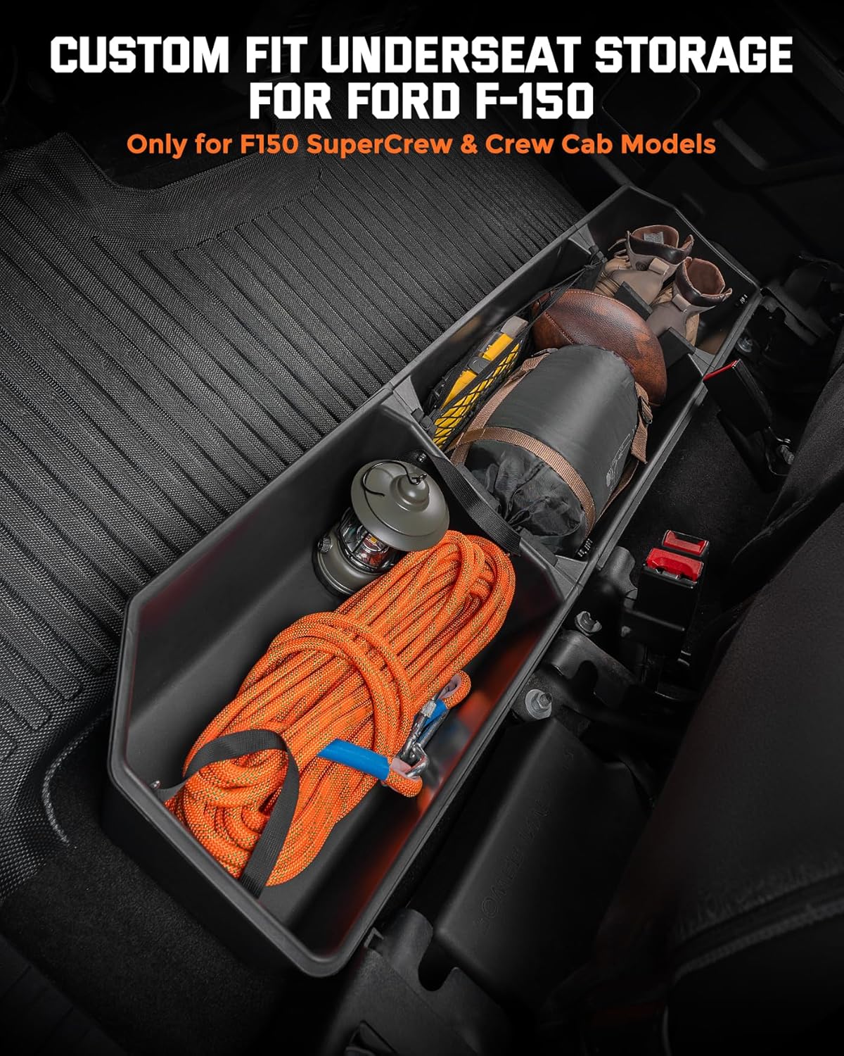 Rear Underseat Storage Box for 2015-2026 Ford F-150 SuperCrew & F-Series - w/Detachable Bin & Mesh Net