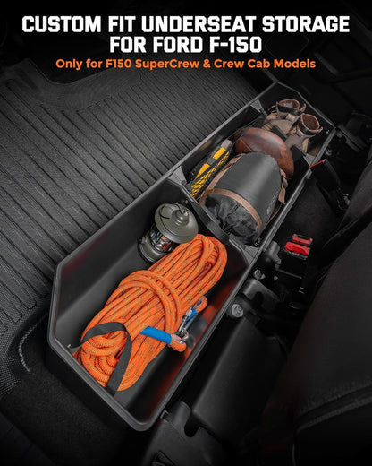 Rear Underseat Storage Box for 2015-2026 Ford F-150 SuperCrew & F-Series - w/Detachable Bin & Mesh Net