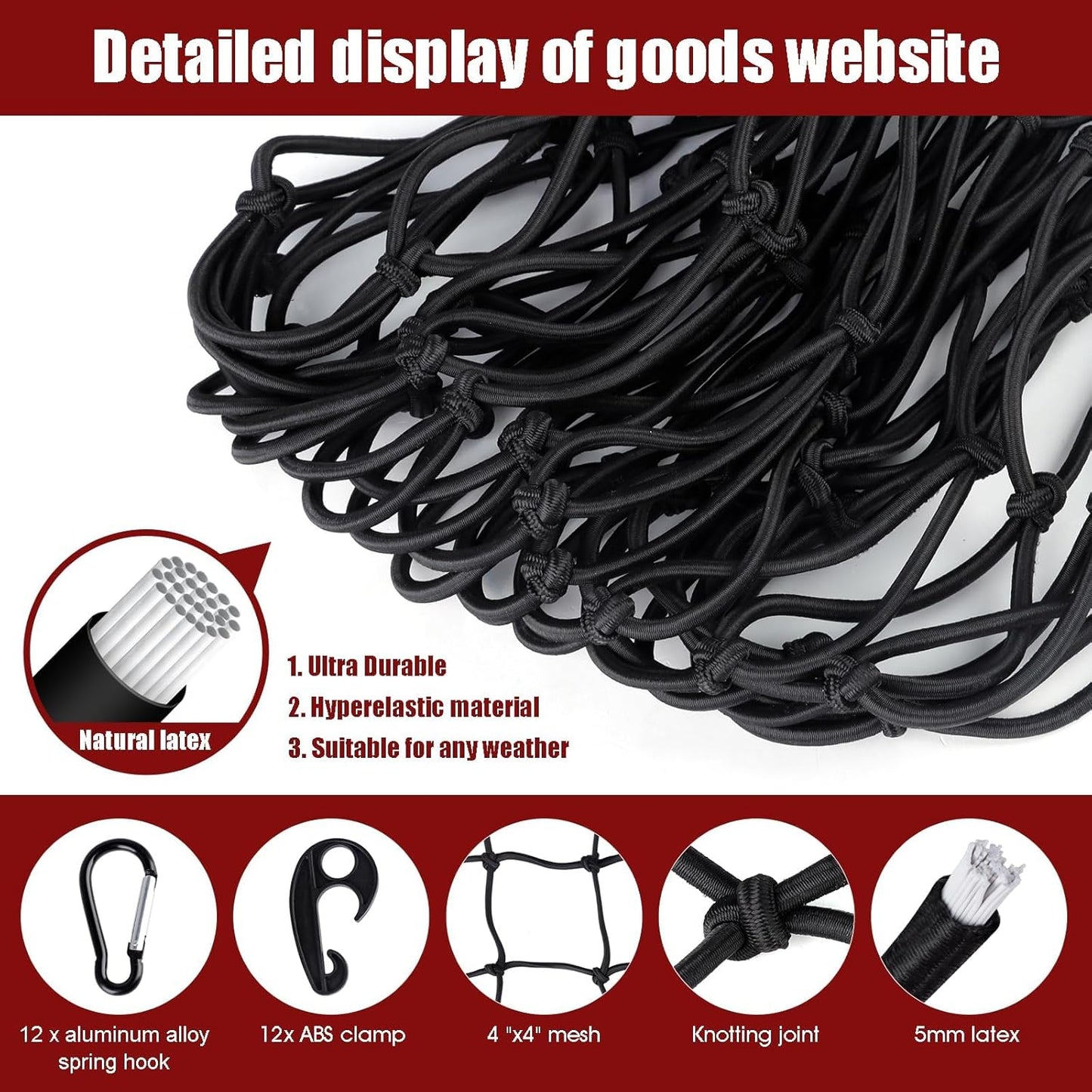 Heavy-Duty 4'x6' Stretch Cargo Net (to 10'x15') - 4"x4" Mesh, 24 Clips for Ford/Chevy/Ram/Toyota