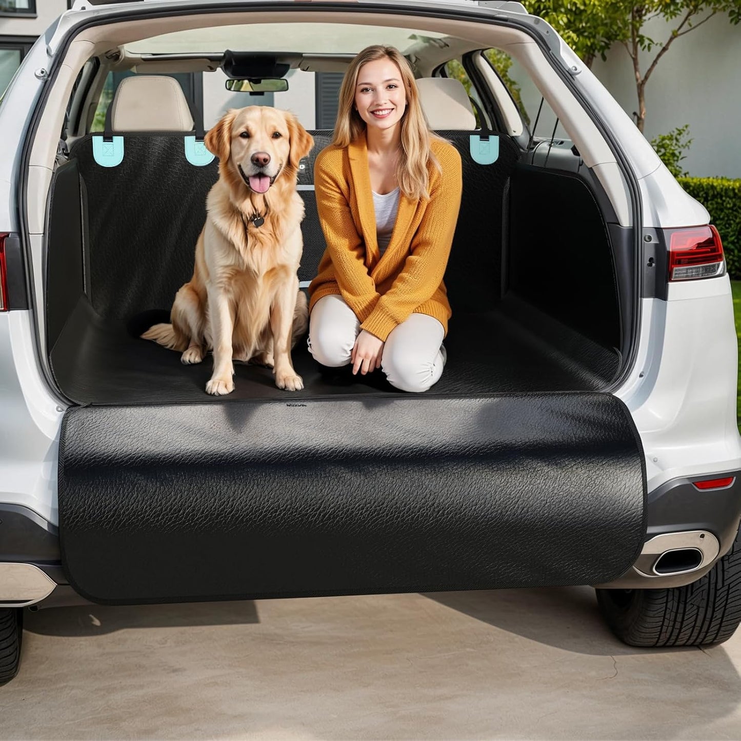 PU Leather Waterproof Dog Cargo Liner - Large Universal Fit w/Taller Side Panels, Bumper Flap (Black)