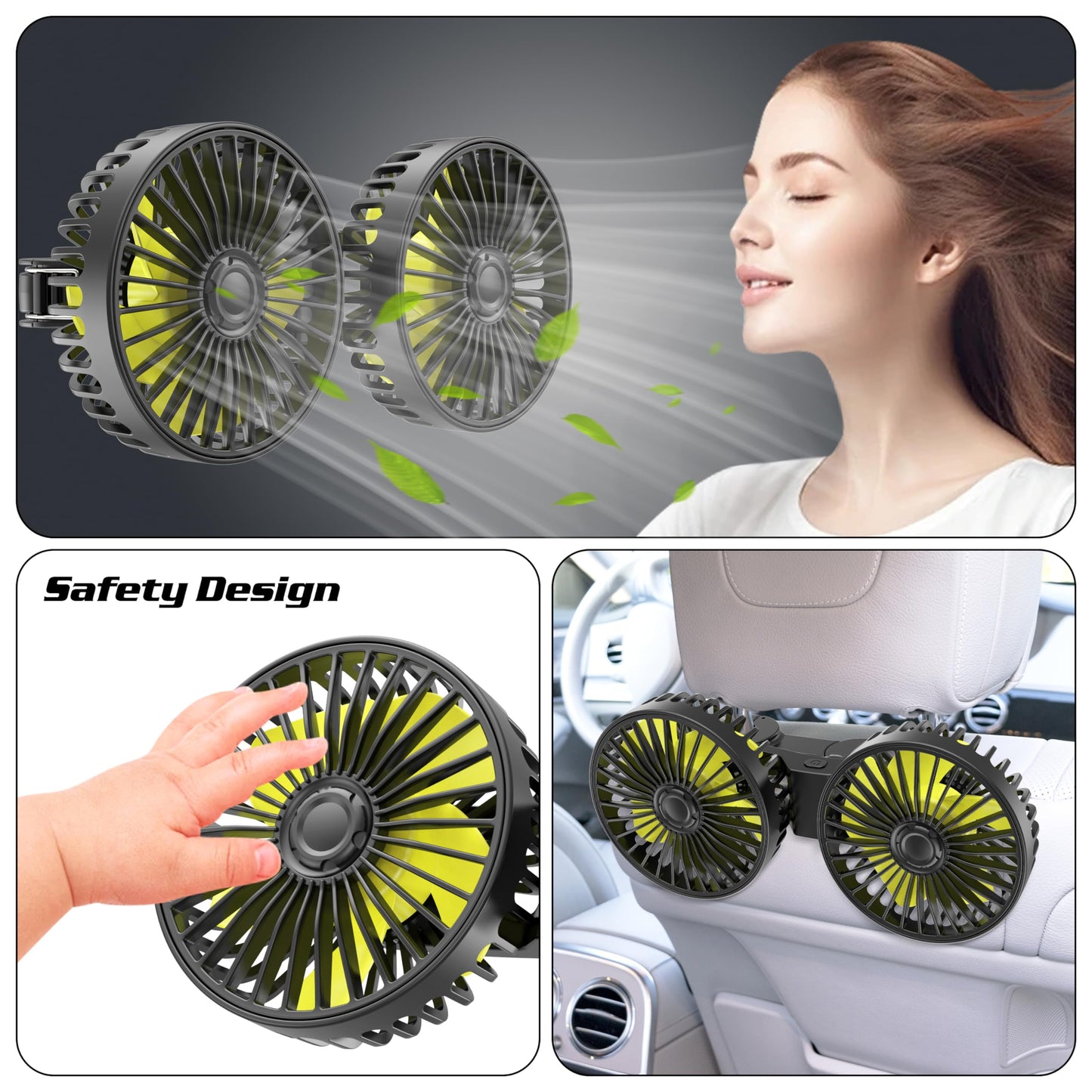 Dual Head USB Car Fan for Backseat, 3 Speeds, Adjustable Clip