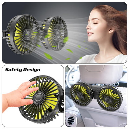 Dual Head USB Car Fan for Backseat, 3 Speeds, Adjustable Clip