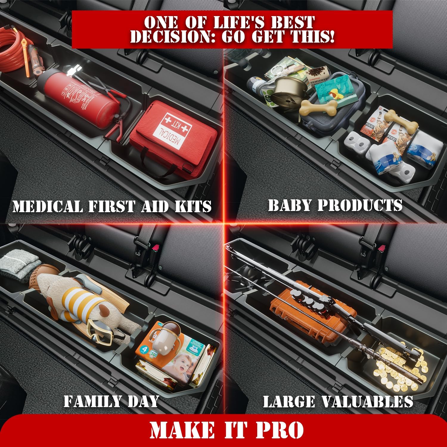 KitsPro Black Rear Underseat Storage Custom Fit 2017-2024 Ford F-250 F-350 F-350 Super Duty and 2015-2024 Ford F-150 SuperCrew Crew Cab Heavy Duty Rear Under Back Seat Box Organizer, Anti Slip