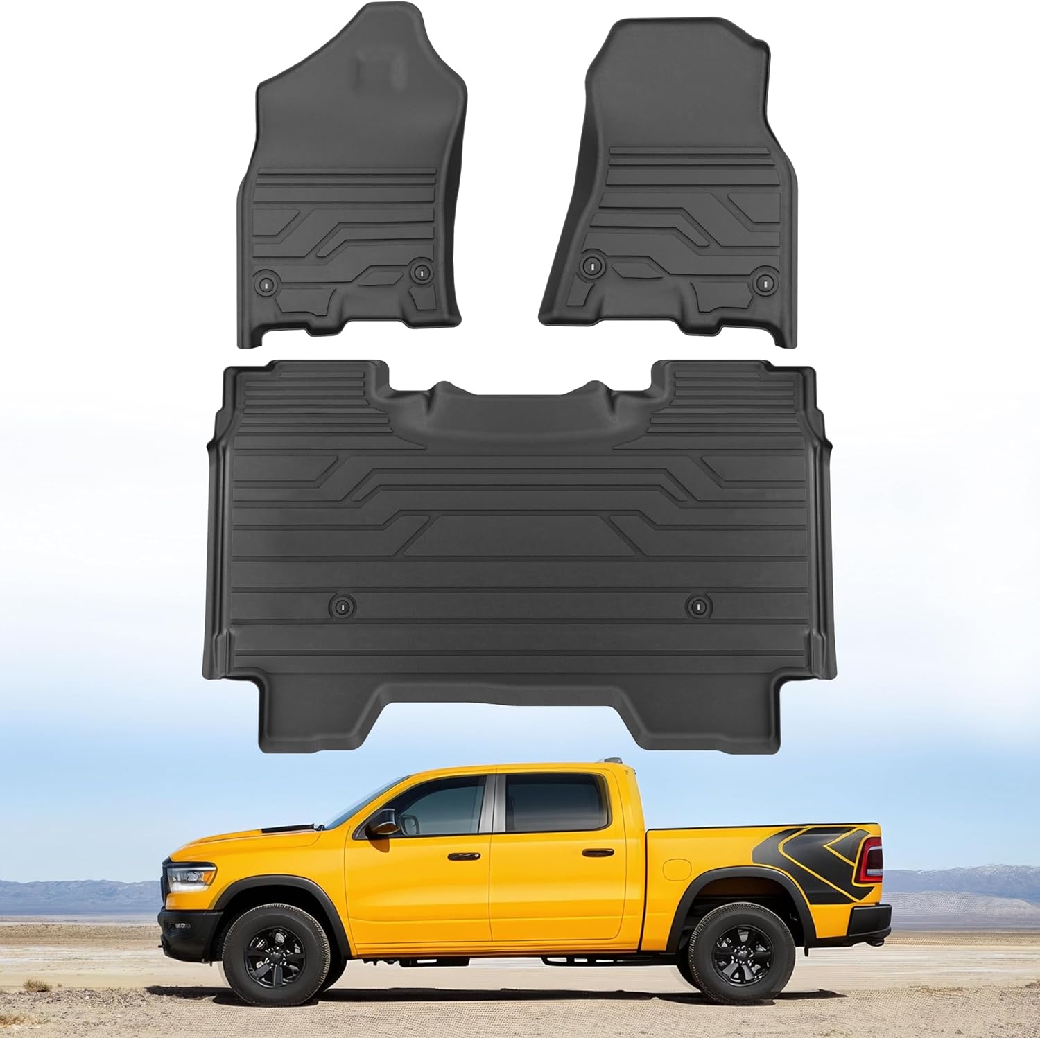 KARPAL Floor Mats for Ram 1500 DT Crew Cab 2019-2024 New Body Style (NOT Fit Classic Body), TPE All-Weather Floor Liners 1st & 2nd Row Car Mats with & w/o Underseat Storage, Ram Accessories