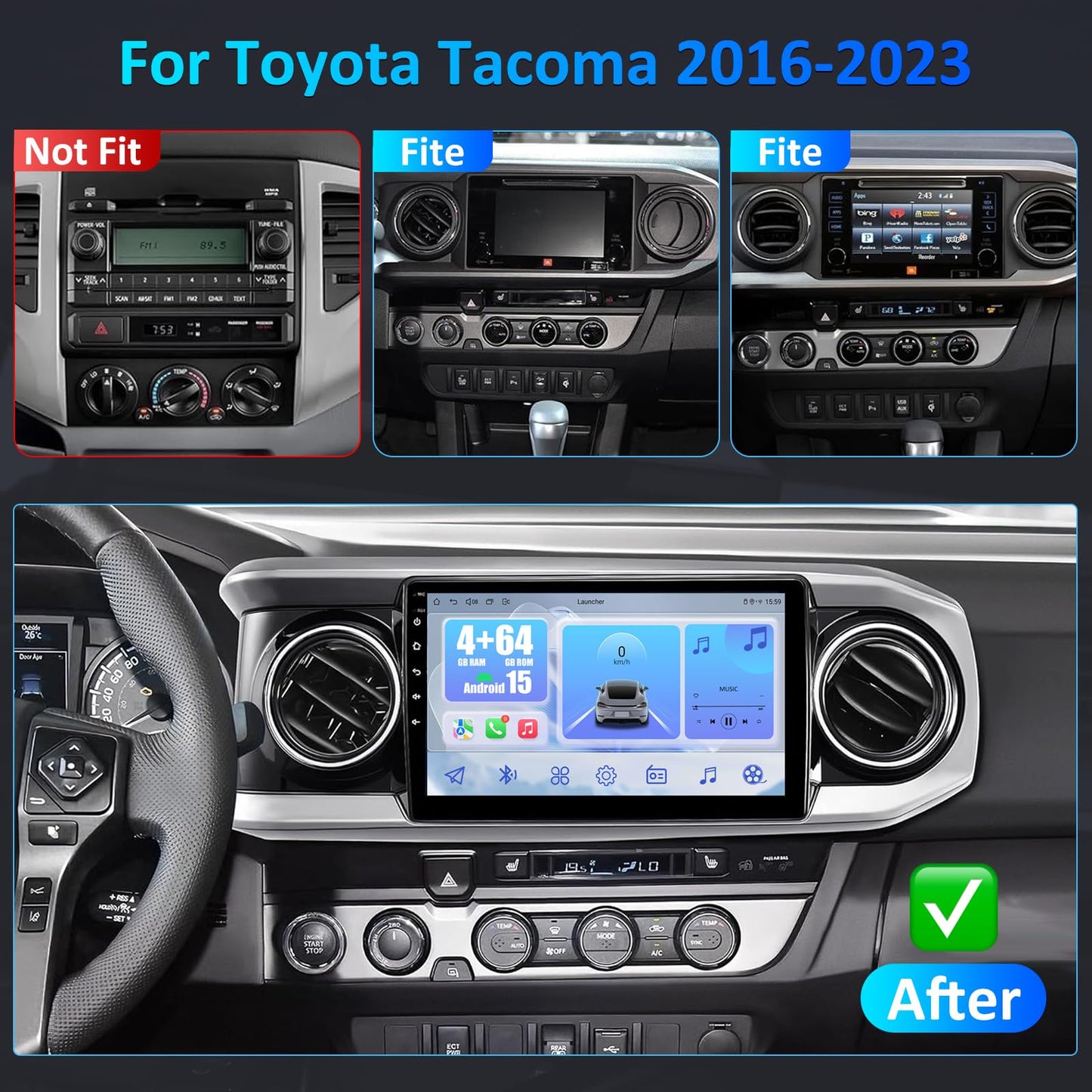 10'' Android 15 Car Stereo for Toyota Tacoma, with CarPlay/Android Auto & GPS
