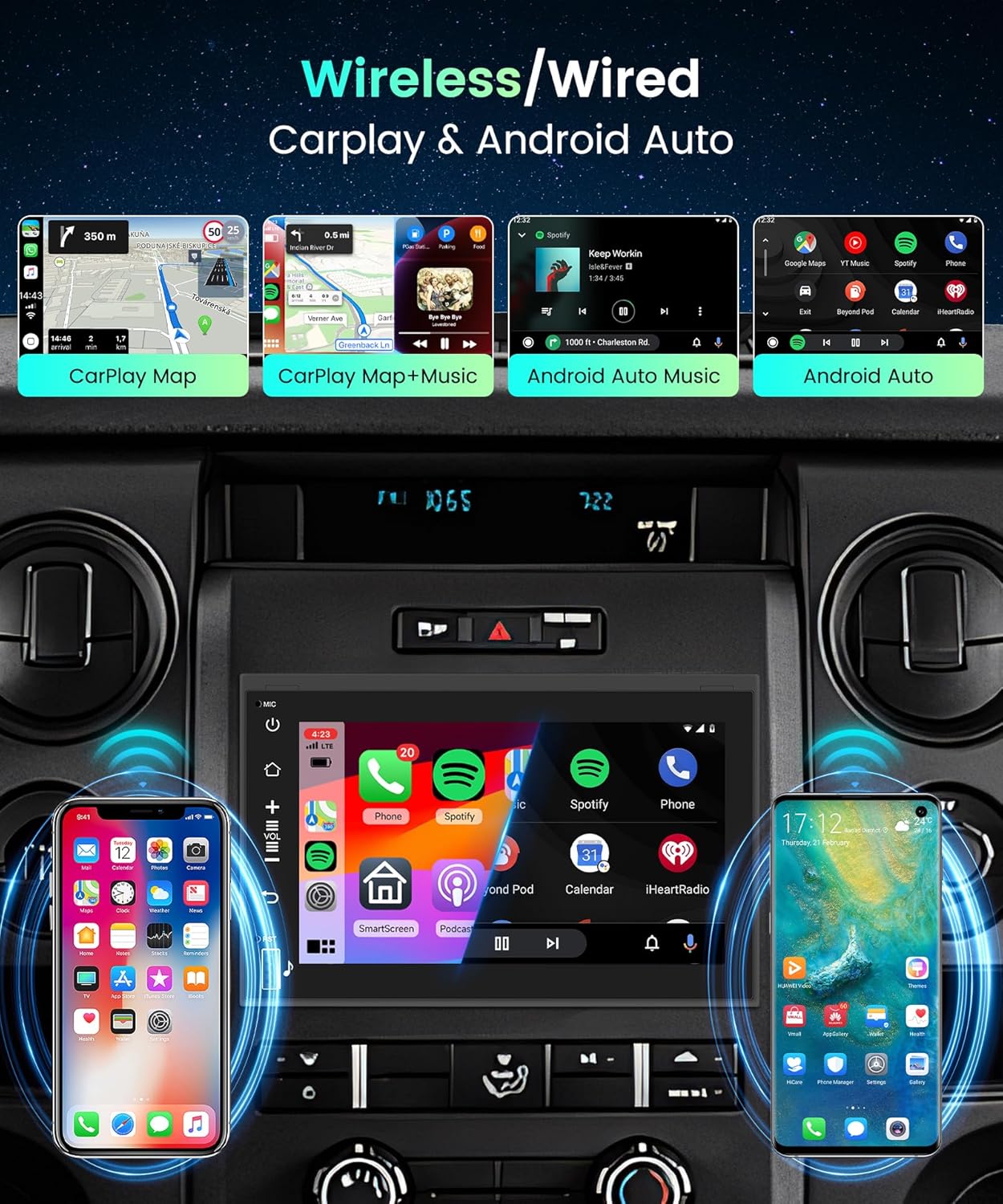 Podofo 2G 64G Radio for Ford F150 F250 F350 Fusion Edge Explorer Expedition Car Stereo,7inch 1080p IPS Touchscreen F-150 Stereo with Wireless Carplay Android Auto GPS WiFi FM/RDS EQ Backup Camera