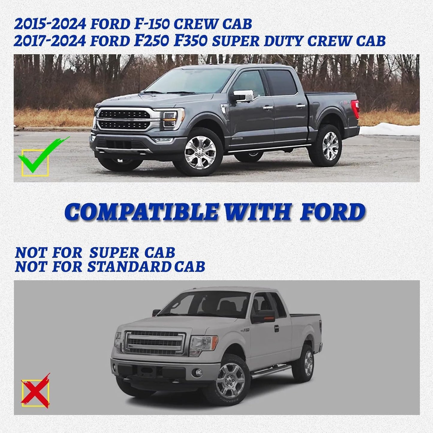 6.5 Inches  Running Boards for 2015-2024 Ford F-150 F-250 F-350 Super Duty Crew Cab 4-Door