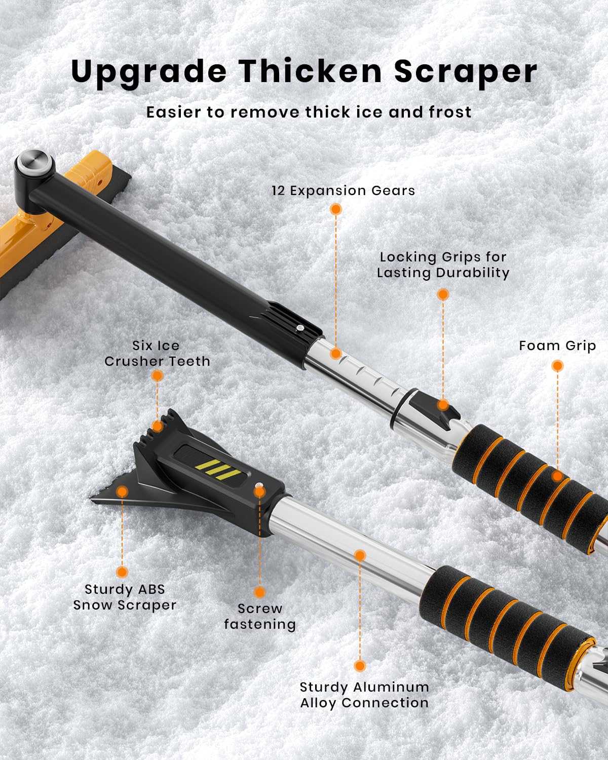 43.7" Extendable Ice Scraper with 360° Pivoting Brush - 12 Length Settings, Orange