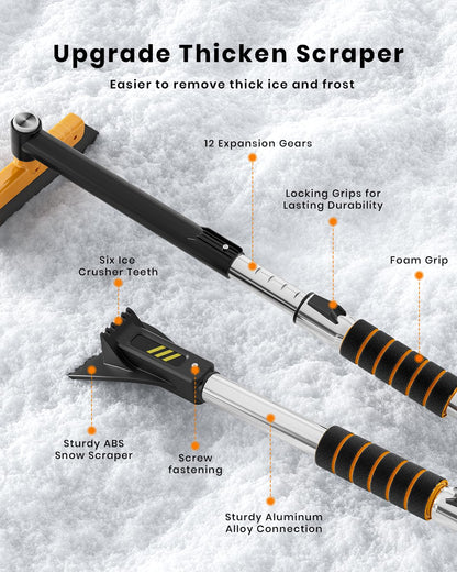 43.7" Extendable Ice Scraper with 360° Pivoting Brush - 12 Length Settings, Orange
