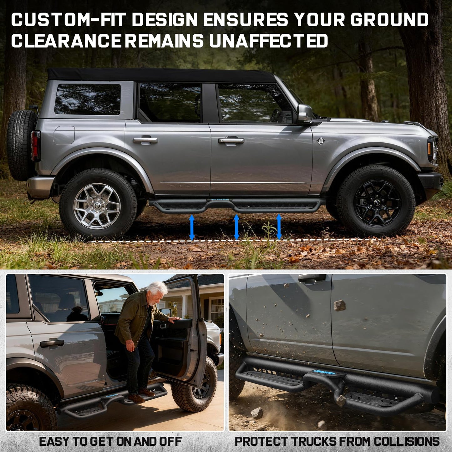 Two-Stair Heavy-Duty Running Boards for 2021-2026 Ford Bronco 4-Door - Rock Slider Nerf Bars