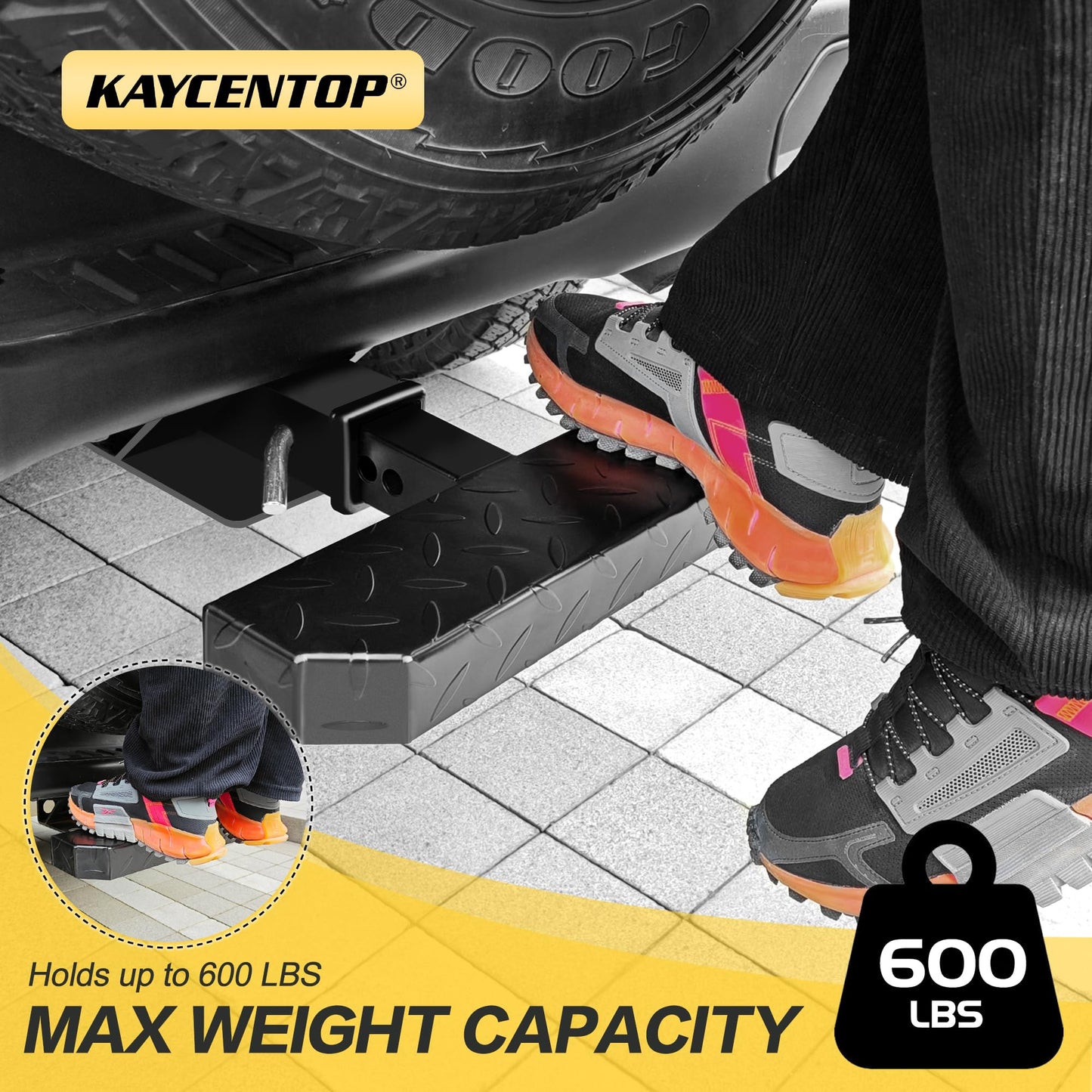 Anti-Slip Hitch Step for 2" Receiver - 600 lb Capacity, Black Tow Bumper Guard for Truck/SUV, Includes Pin