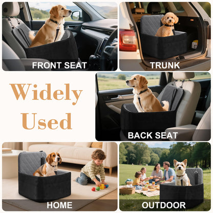 Elevated Dog Booster Seat (15-35 lbs) - Soft 4+2" Pads, Removable Cover, Safety Belt, Storage Pockets