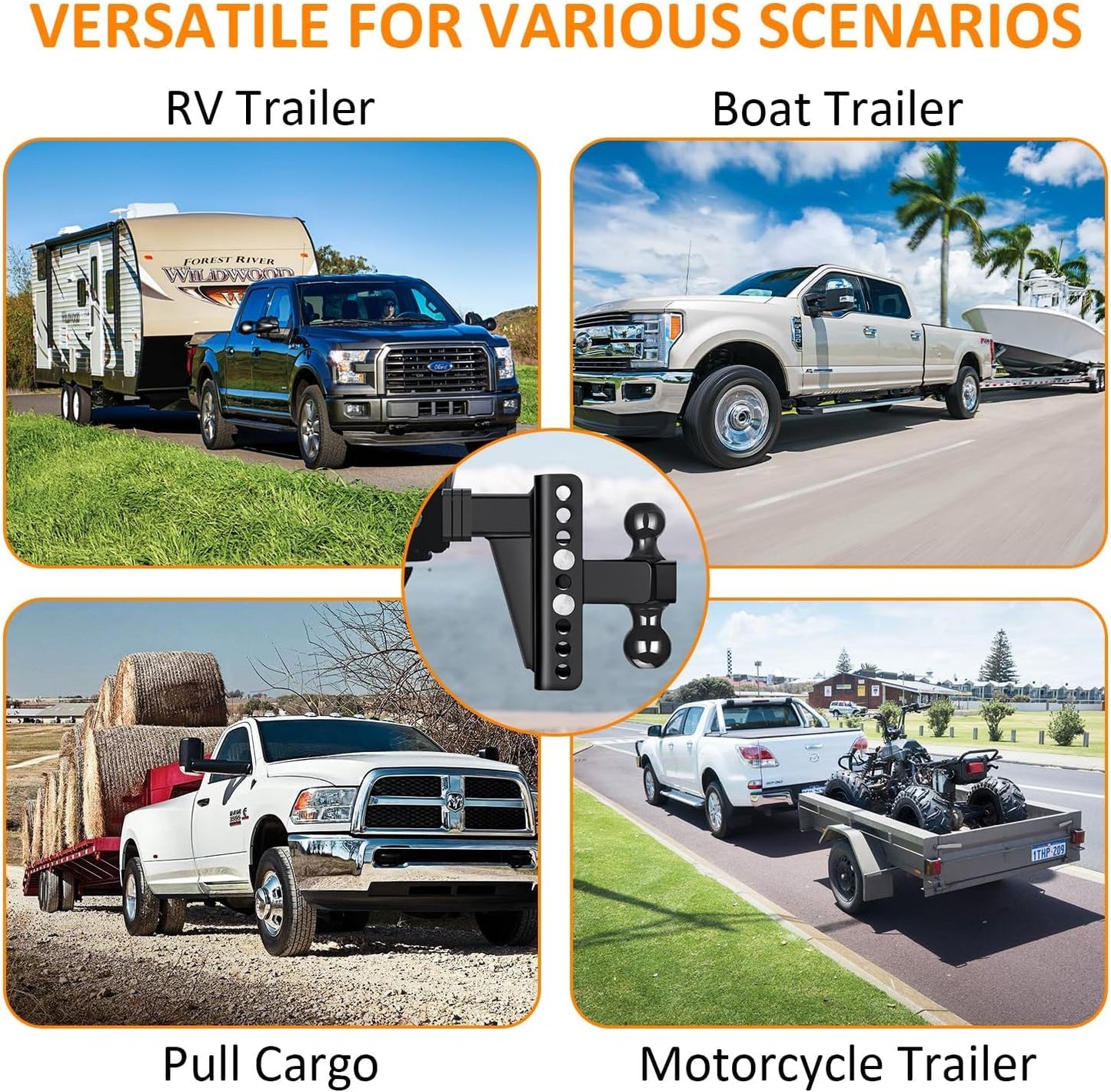 Adjustable 2.5" Trailer Hitch - 6" Drop/Rise, 2"/2-5/16" Balls, 22,000 lb GTW, Anti-Theft Pin (Black)