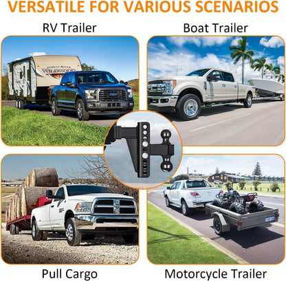 Adjustable 2.5" Trailer Hitch - 6" Drop/Rise, 2"/2-5/16" Balls, 22,000 lb GTW, Anti-Theft Pin (Black)