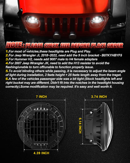 1000% Brighter 7" LED Headlights - H6024 Round, DOT Approved, Jeep JK JL Fit
