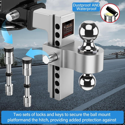 8" Adjustable Drop Hitch for 2" Receiver - 12,500 lb GTW, Chrome Balls (2"/2-5/16"), 2 Anti-Theft Locks