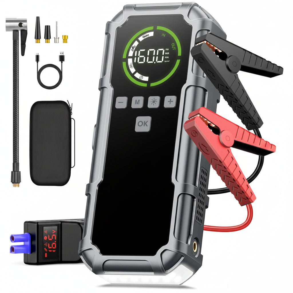 8000A Jump Starter & 160PSI Air Compressor - All Petrol/12L Diesel, 600 Lumens LCD