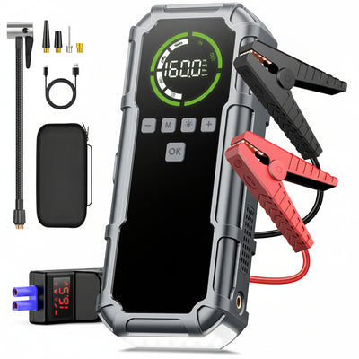 8000A Jump Starter & 160PSI Air Compressor - All Petrol/12L Diesel, 600 Lumens LCD