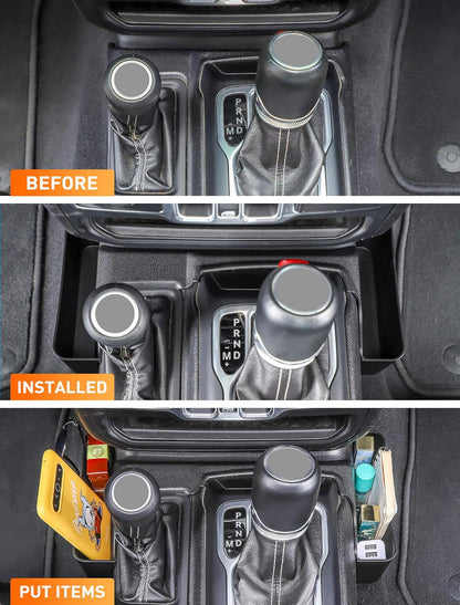 Savadicar GT-2 Shifter Storage Box, Gear Shift Side Tray, Center Console Organizer Compatible with 2018-2025 Jeep Wrangler JL JLU 4XE & Gladiator JT, Interior Storage Accessories, Black, 1 PC