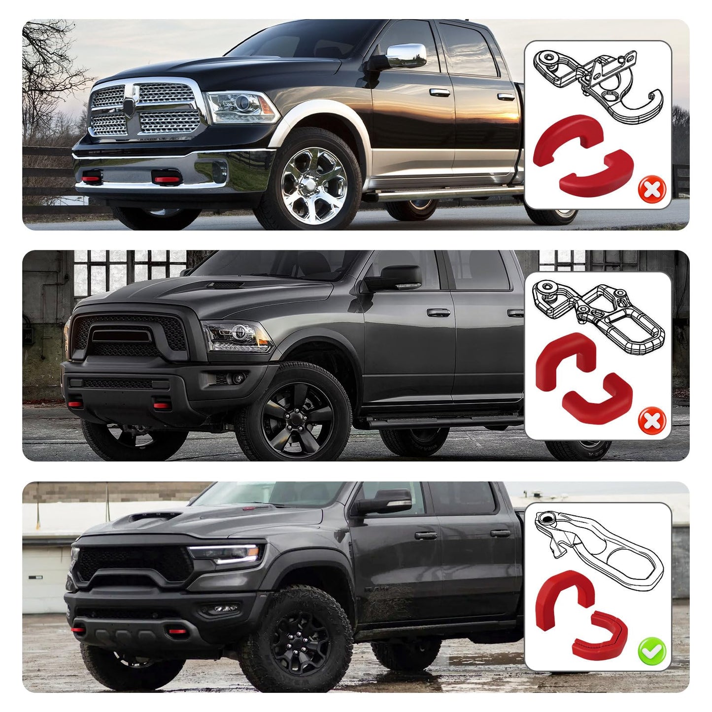 Red Front Tow Hook Covers for 2019-2026 Ram 1500 (Excludes Classic/Warlock/2500/3500)