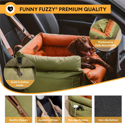 FUNNYFUZZY Leather Dog Car Seat for Small ＆ Medium Sized Dogs Up to 35lbs, Waterproof and Washable Dog Booster Seat Car Bed for Travel and Home,Portable and Safety(Green)