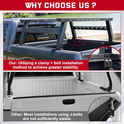 Universal Adjustable Truck Bed Rack - Overland/Contractor, 500-800 lb Capacity, No-Drill, Fits Gladiator/F-150/Tundra/Tacoma & More