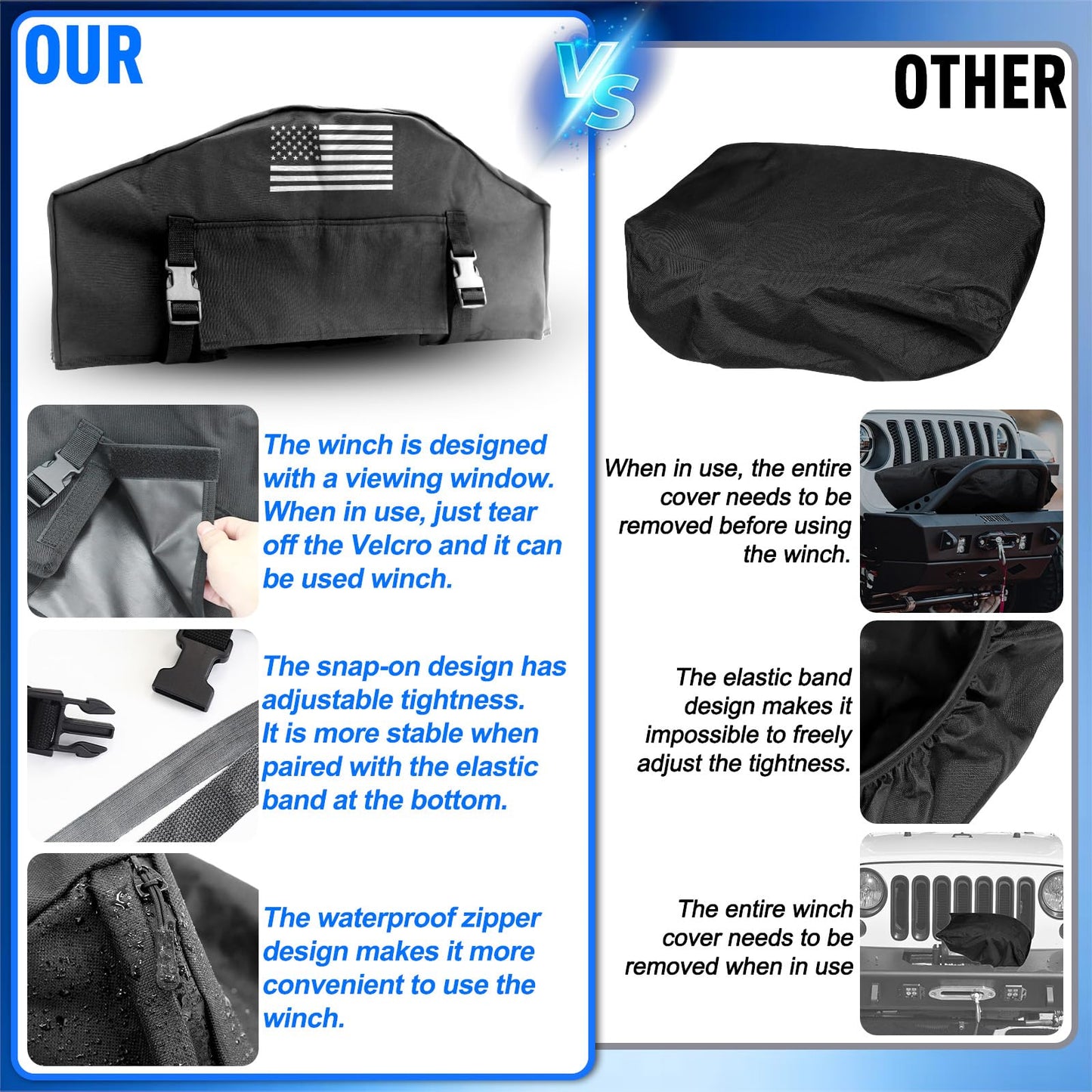 American Flag Winch Cover - Heavy Duty 900D Waterproof for 8000-12000 lbs Winches