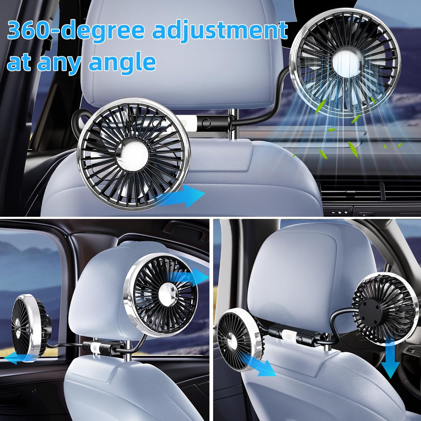 USB Car Back Seat Fan with Light, 3-Speed Cooling for Vehicle